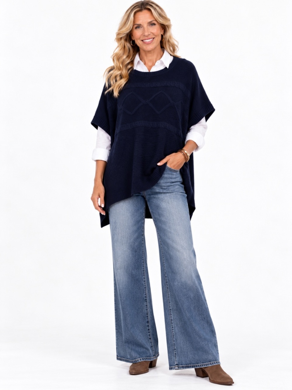 CHAPS Navy Blue Cable-Knit Poncho Size: S/M